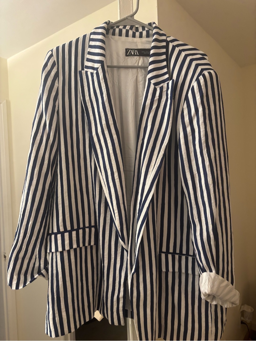 Zara Navy & White Vertical-Stripe Blazer